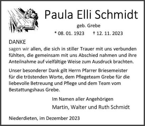 Traueranzeige von Paula Elli Schmidt von Hinterländer Anzeiger