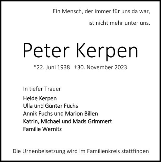 Traueranzeige von Peter Kerpen von Darmstädter Echo