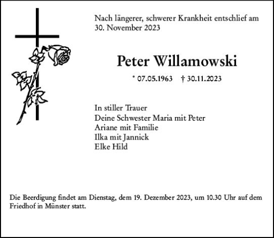 Traueranzeige von Peter Willamowski von Dieburger Anzeiger/Groß-Zimmerner Lokal-Anzeiger