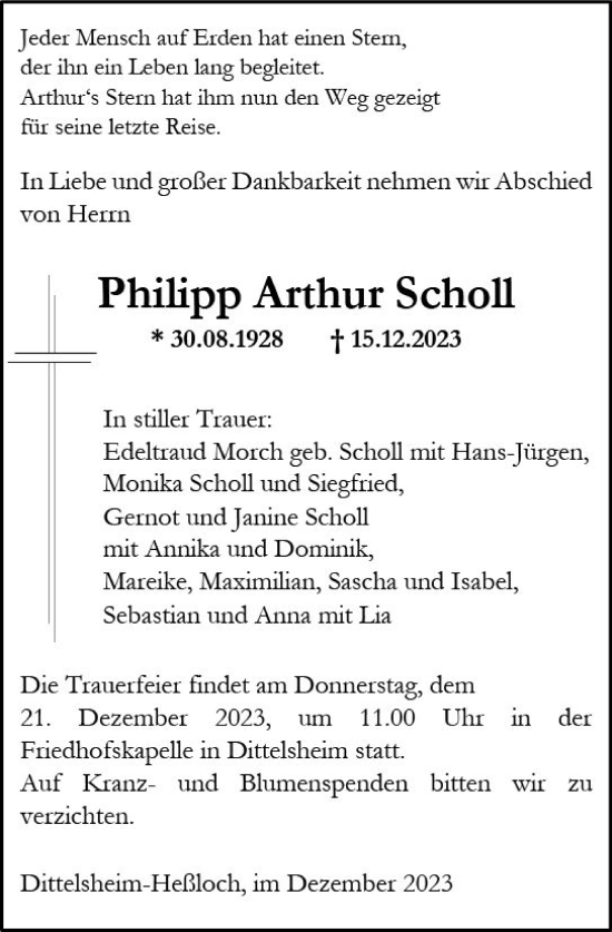 Traueranzeige von Philipp Arthur Scholl von Wormser Zeitung