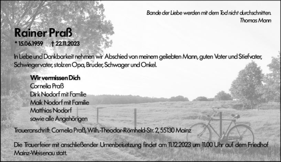 Traueranzeige von Rainer Praß von Allgemeine Zeitung Mainz