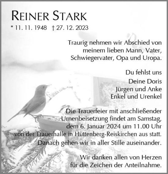 Traueranzeige von Reiner Stark von Wetzlarer Neue Zeitung