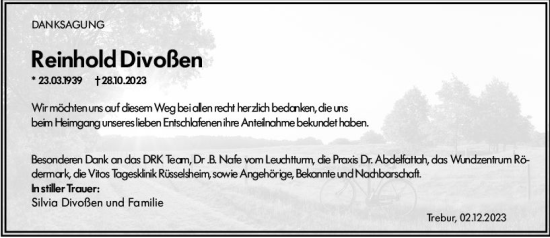 Traueranzeige von Reinhold Divoßen von Rüsselsheimer Echo