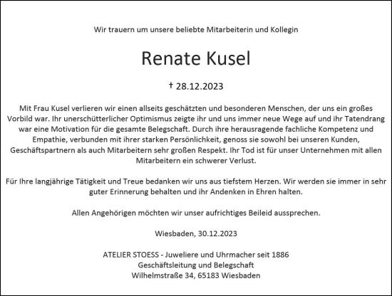 Traueranzeige von Renate Kusel von Wiesbadener Kurier