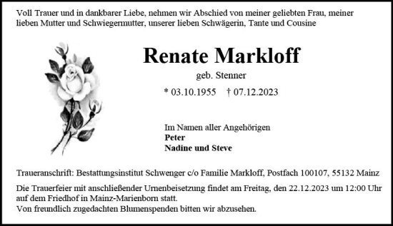 Traueranzeige von Renate Markloff von Allgemeine Zeitung Mainz