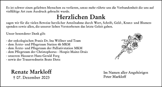 Traueranzeige von Renate Markloff von Allgemeine Zeitung Mainz