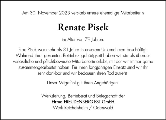 Traueranzeige von Renate Pisek von Odenwälder Echo