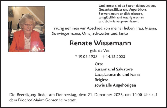 Traueranzeige von Renate Wissemann von Wiesbadener Kurier