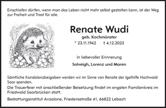 Traueranzeige von Renate Wudi von Darmstädter Echo