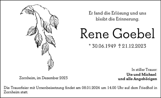 Traueranzeige von Rene Goebel von Allgemeine Zeitung Mainz