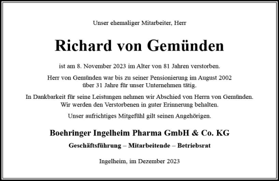 Traueranzeige von Richard von Gemünden von Allgemeine Zeitung Bingen/Ingelheim
