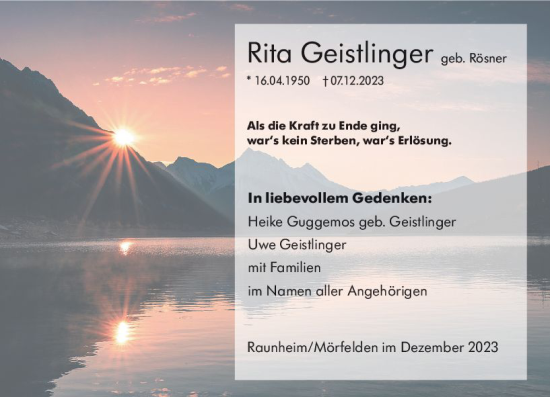 Traueranzeige von Rita Geistlinger von Rüsselsheimer Echo