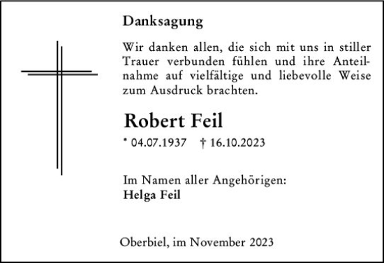 Traueranzeige von Robert Feil von Wetzlarer Neue Zeitung