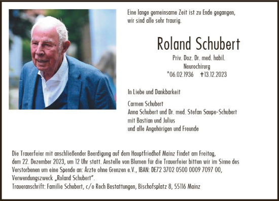 Traueranzeige von Roland Schubert von Allgemeine Zeitung Mainz
