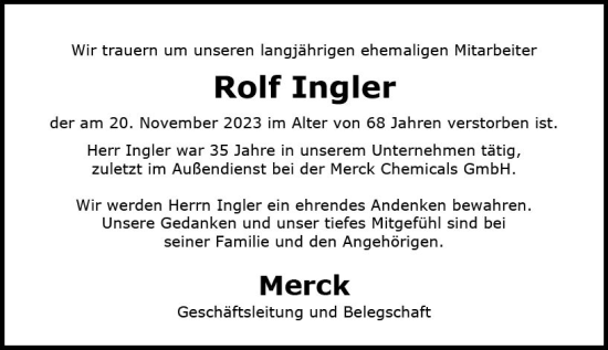 Traueranzeige von Rolf Ingler von Darmstädter Echo