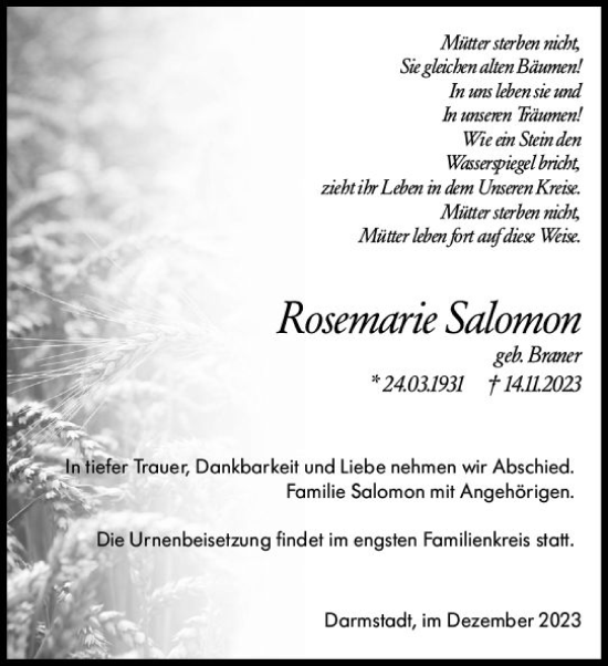 Traueranzeige von Rosemarie Salomon von Darmstädter Echo