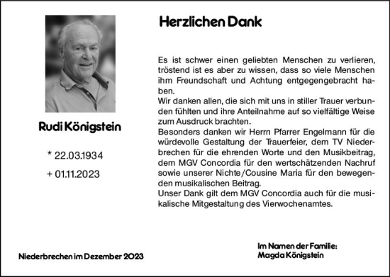 Traueranzeige von Rudi Königstein von Camberger Anzeiger
