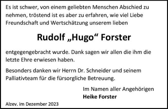 Traueranzeige von Rudolf  Forster von Allgemeine Zeitung Alzey