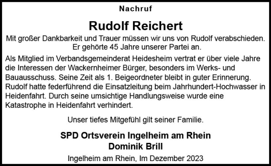 Traueranzeige von Rudolf Reichert von Allgemeine Zeitung Bingen/Ingelheim