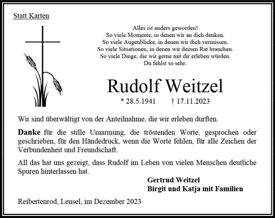 Traueranzeige von Rudolf Weitzel von Oberhessen Kurier