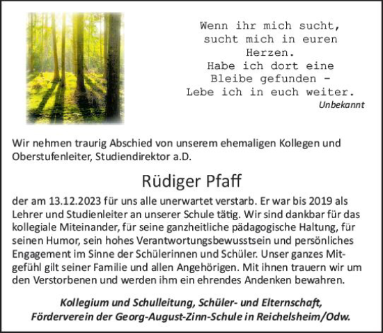 Traueranzeige von Rüdiger Pfaff von Odenwälder Echo