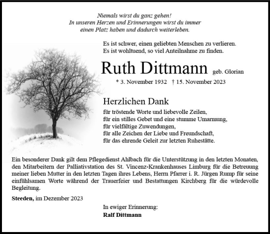 Traueranzeige von Ruth Dittmann von Nassauische Neue Presse