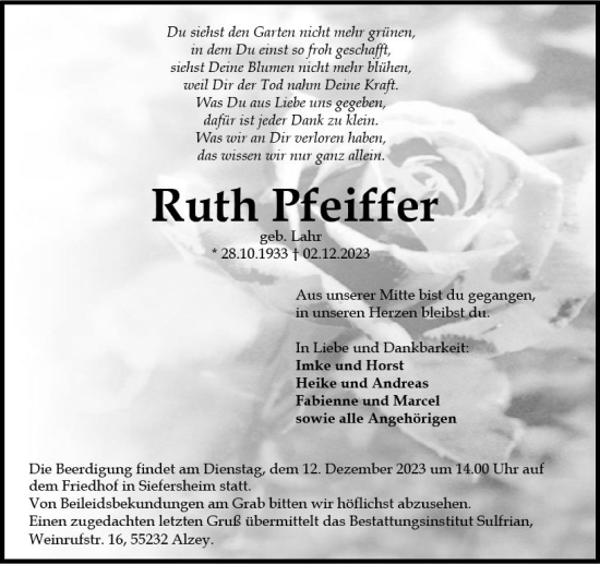 Traueranzeige von Ruth Pfeiffer von Allgemeine Zeitung Alzey