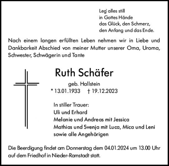 Traueranzeige von Ruth Schäfer von Darmstädter Echo