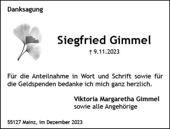 Traueranzeige von Siegfried Gimmel von Allgemeine Zeitung Mainz