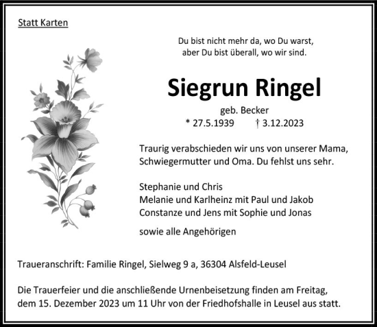Traueranzeige von Siegrun Ringel von VRM Trauer