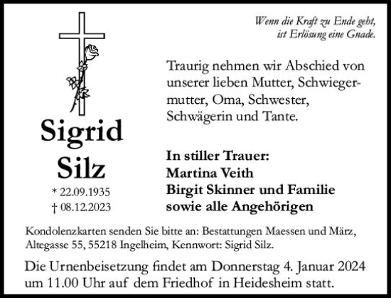 Traueranzeige von Sigrid Silz von Allgemeine Zeitung Bingen/Ingelheim