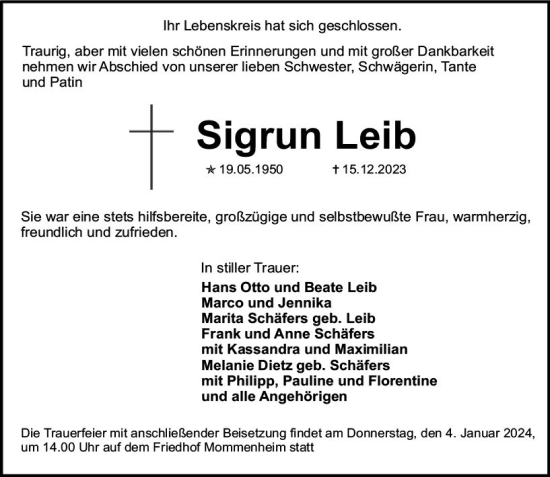 Traueranzeige von Sigrun Leib von Allgemeine Zeitung Mainz