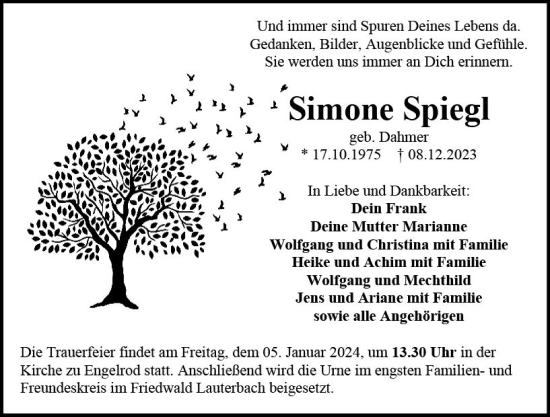 Traueranzeige von Simone Spiegl von VRM Trauer