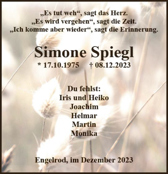 Traueranzeige von Simone Spiegl von VRM Trauer