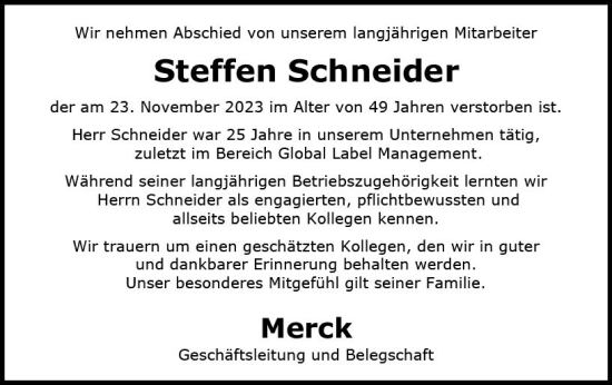 Traueranzeige von Steffen Schneider von Darmstädter Echo