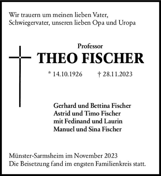 Traueranzeige von Theo Fischer von Bingen/Ingelheim WOBL inkl. Neue Binger Ztg.