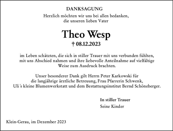 Traueranzeige von Theo Wesp von Groß-Gerauer Echo