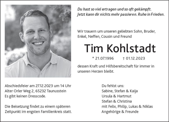 Traueranzeige von Tim Kohlstadt von Wiesbadener Kurier
