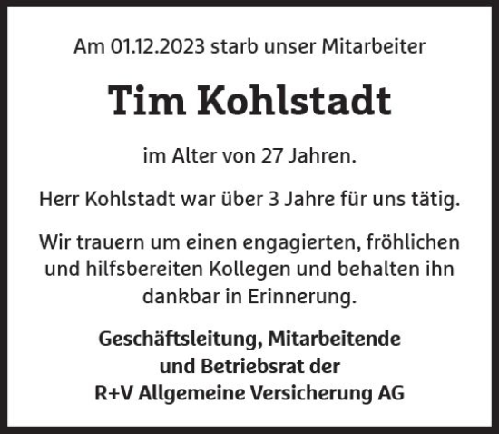 Traueranzeige von Tim Kohlstadt von Wiesbadener Kurier