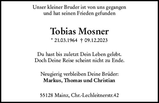 Traueranzeige von Tobias Mosner von Allgemeine Zeitung Mainz