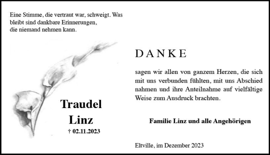 Traueranzeige von Traudel Linz von Rheingau Kurier