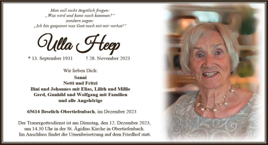 Traueranzeige von Ulla Heep von Nassauische Neue Presse