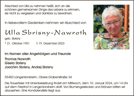 Traueranzeige von Ulla Sbrisny-Nawroth von Allgemeine Zeitung Bad Kreuznach
