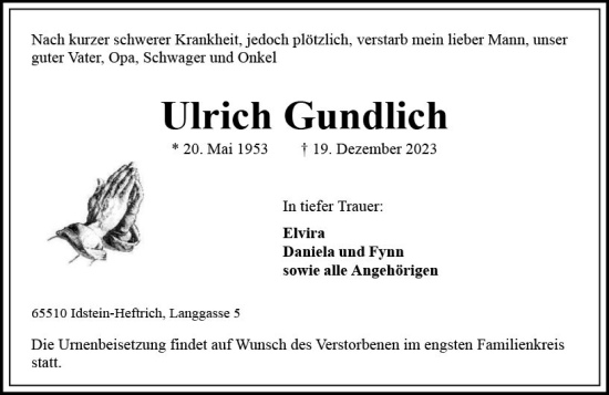 Traueranzeige von Ulrich Gundlich von Idsteiner Land/Untertaunus