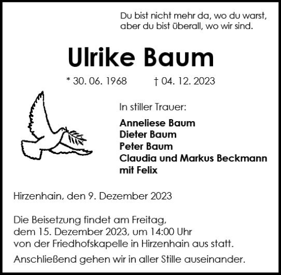 Traueranzeige von Ulrike Baum von Dill Block