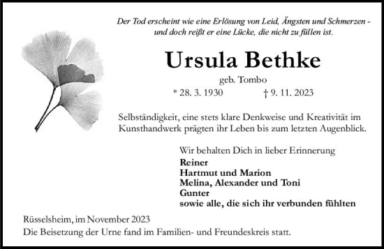 Traueranzeige von Ursula Bethke von Rüsselsheimer Echo