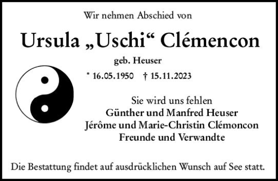 Traueranzeige von Ursula Clemencon von Wiesbadener Kurier