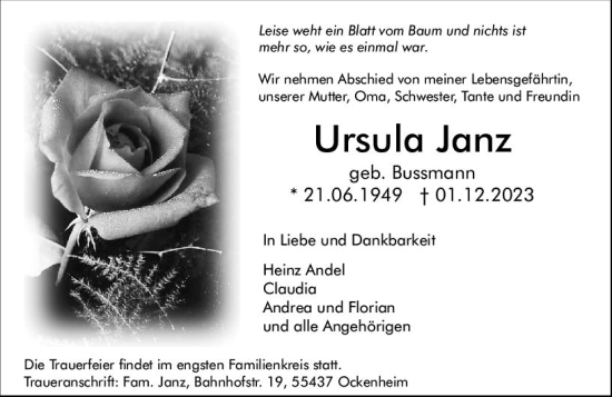 Traueranzeige von Ursula Janz von Allgemeine Zeitung Bingen/Ingelheim