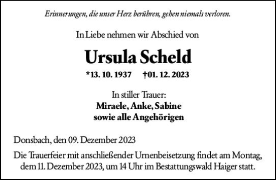 Traueranzeige von Ursula Scheld von Dill Block
