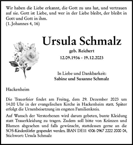 Traueranzeige von Ursula Schmalz von Allgemeine Zeitung Bad Kreuznach